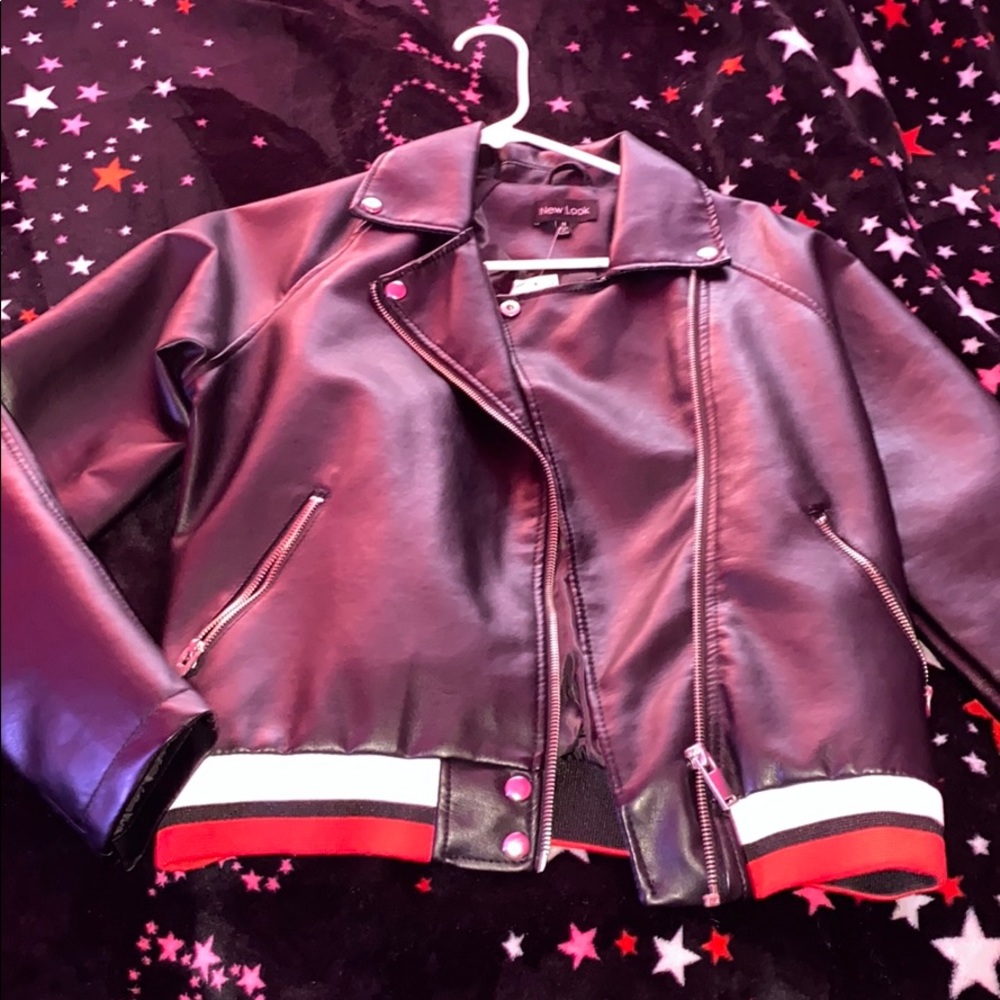 Black Leather Jacket With Red and White Stripes